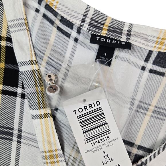 Torrid Plaid Mini Challis Shirt Dress Size 1 1X White Black Brown V-Neck S/S - Picture 5 of 5